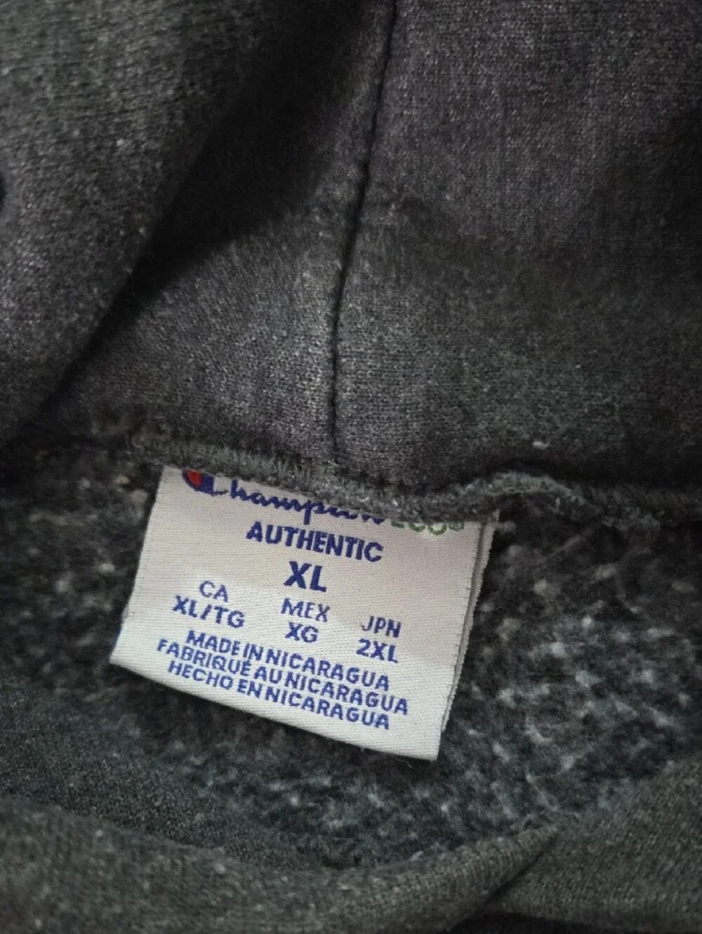 CHAMPION, Charcoal Gray Hooded Sweatshirt with White Lettering
